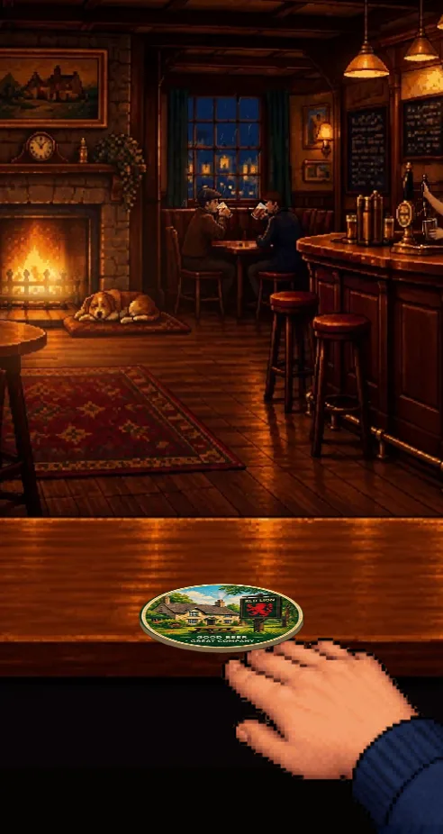 Flippy Mat in play: a beer mat on the edge of a pub table, a hand ready to flip it, a fire and a sleeping dog in the pub behind.